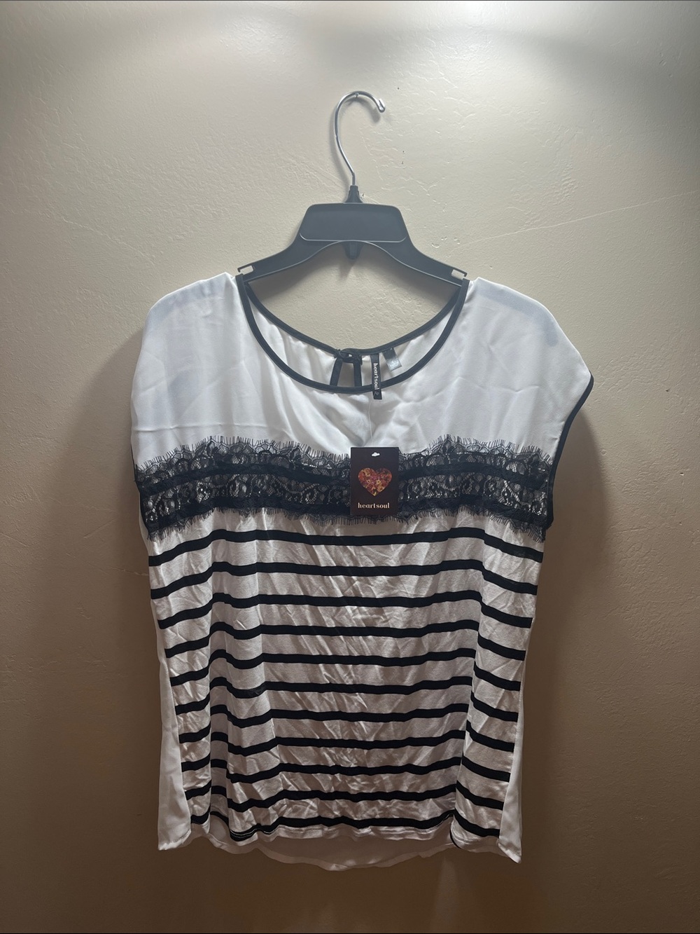 HeartSoul White & Black Striped Lace-Trim Cap Sleeve Top with Keyhole